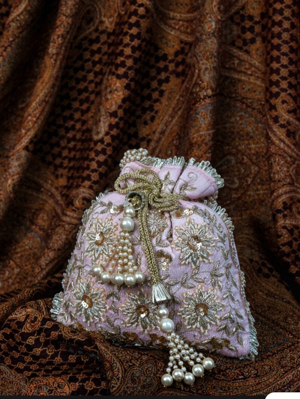 Embroidered Pink Potli Bag with Pearl Tassels